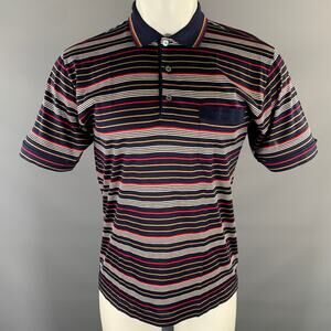 LANVIN Size M Navy Beige Red White Horizontal Stripe Cotton Polo
